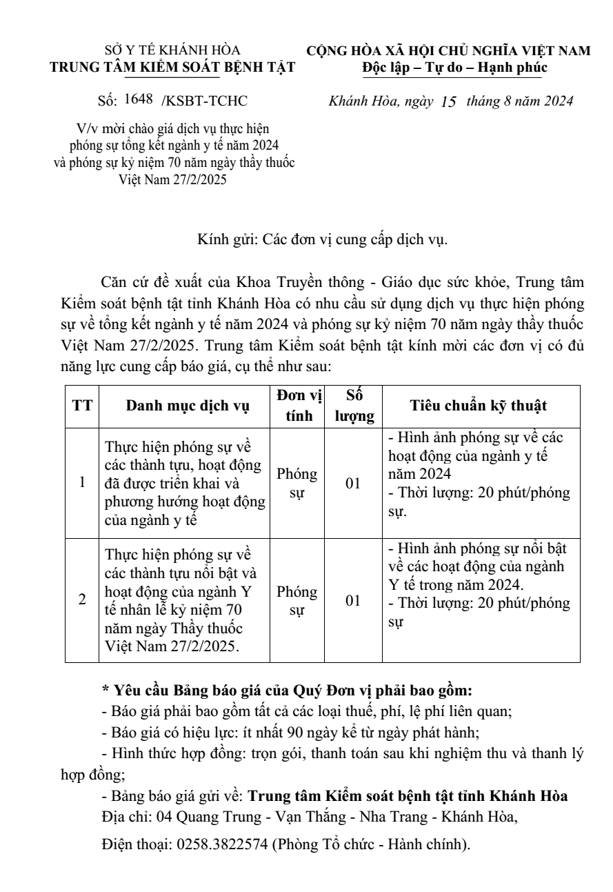 Mời chào giá dịch vụ thực hiện phóng sự tổng kết ngành y tế năm 2024 và phóng sự kỷ niệm 70 năm ngày thầy thuốc Việt Nam 27/2/2025